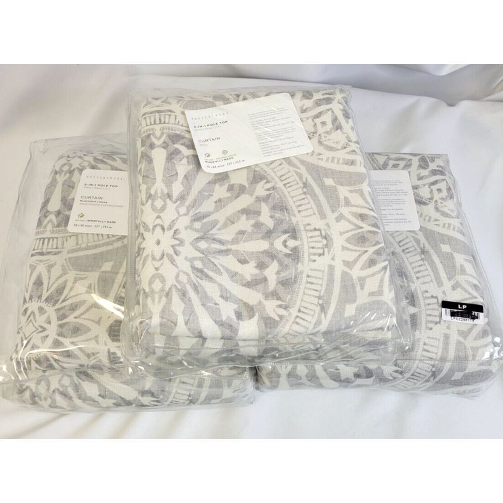 3 Pottery Barn Riley‎ grey Medallion panels drapes 2 are blackout, one is not